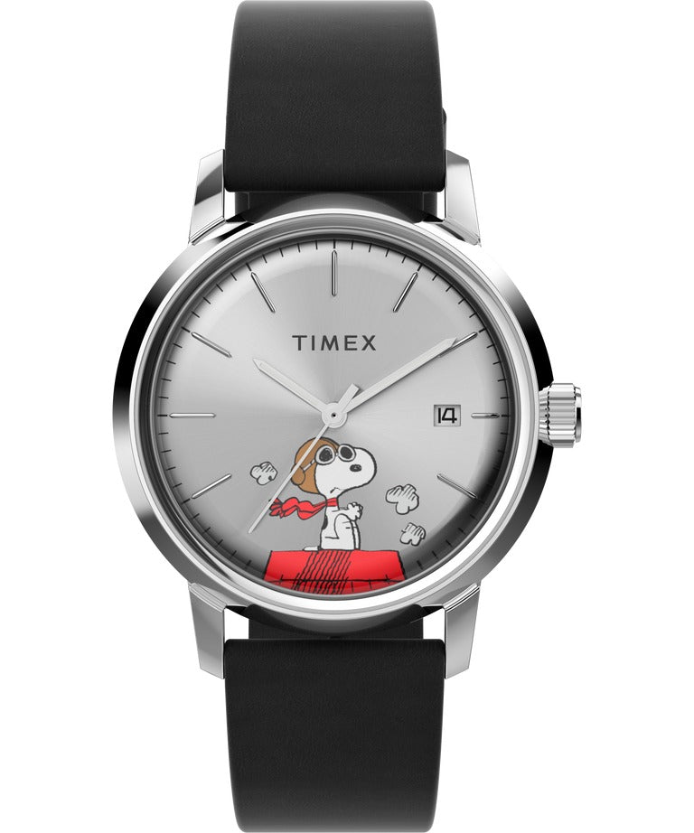 Timex Peanuts Mens Automatic Watch with Silver Dial and Black Strap TW2W49600