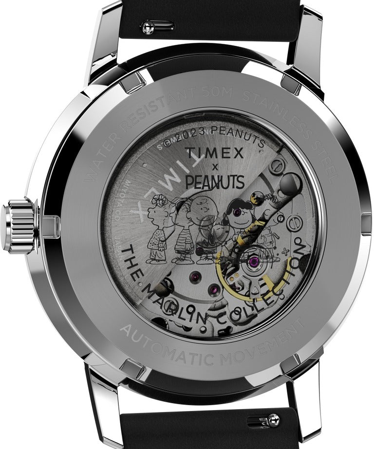 Timex Peanuts Mens Automatic Watch with Silver Dial and Black Strap TW2W49600