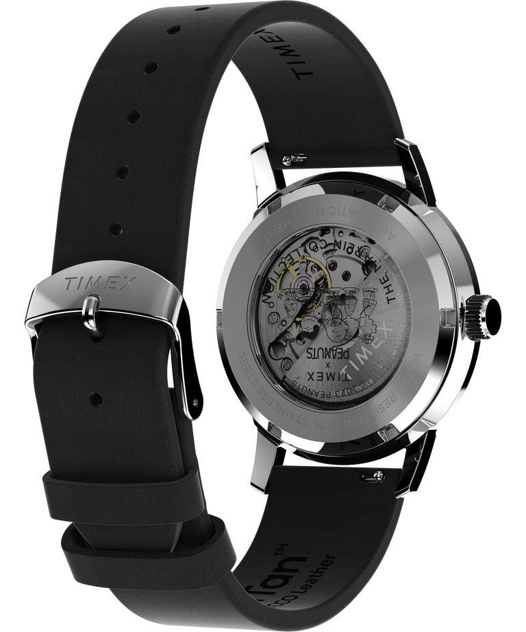 Timex Peanuts Mens Automatic Watch with Silver Dial and Black Strap TW2W49600