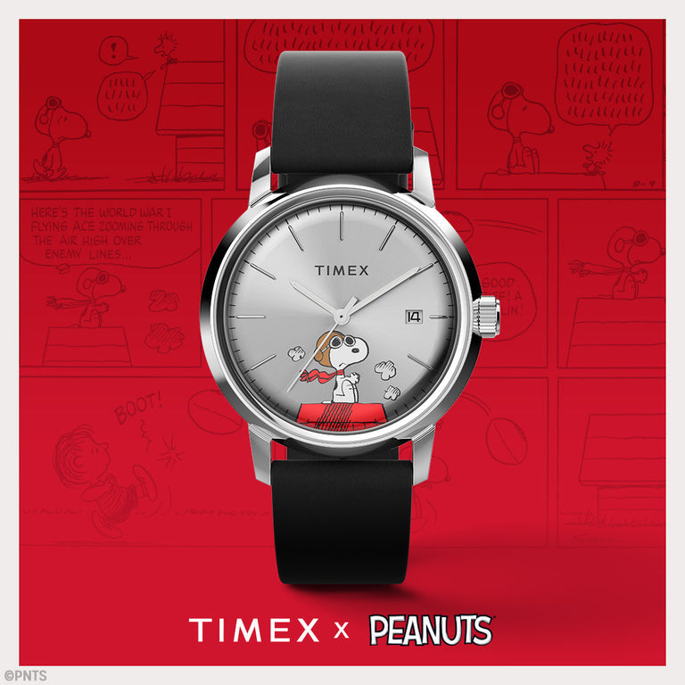 Timex Peanuts Mens Automatic Watch with Silver Dial and Black Strap TW2W49600