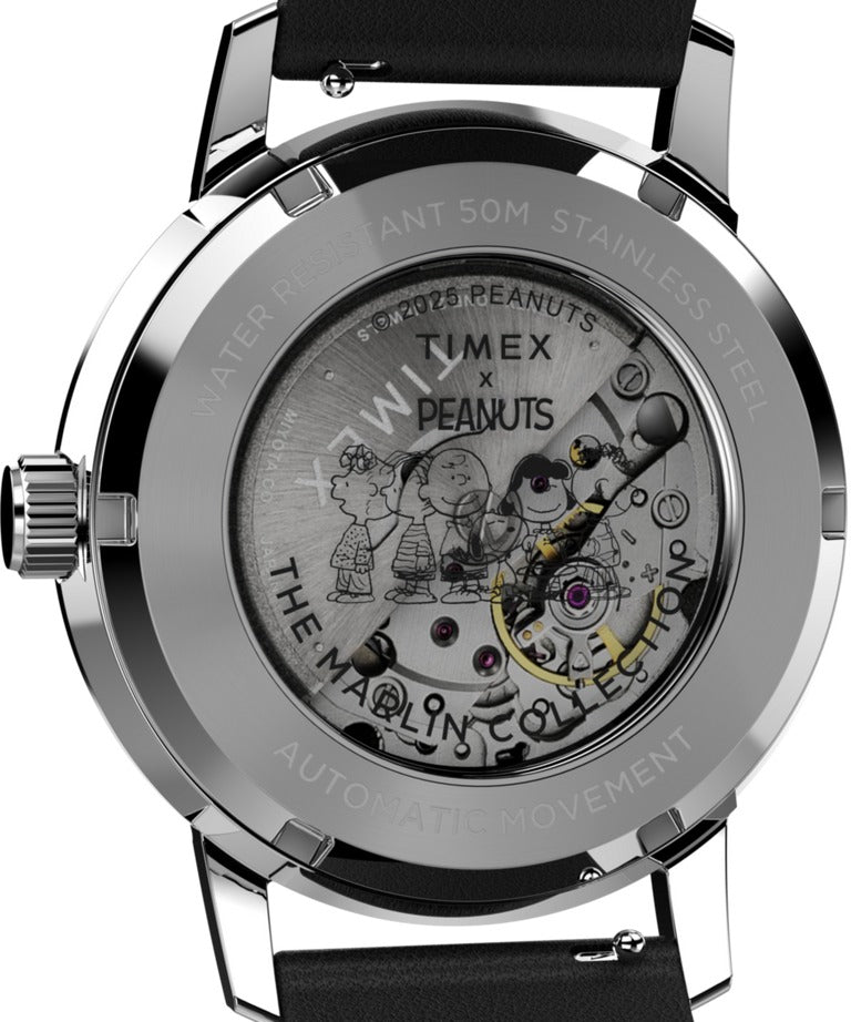 Timex Peanuts Mens Automatic Watch with Silver Dial and Black Strap TW2W87200