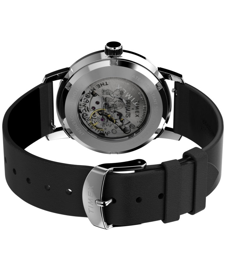 Timex Peanuts Mens Automatic Watch with Silver Dial and Black Strap TW2W87200