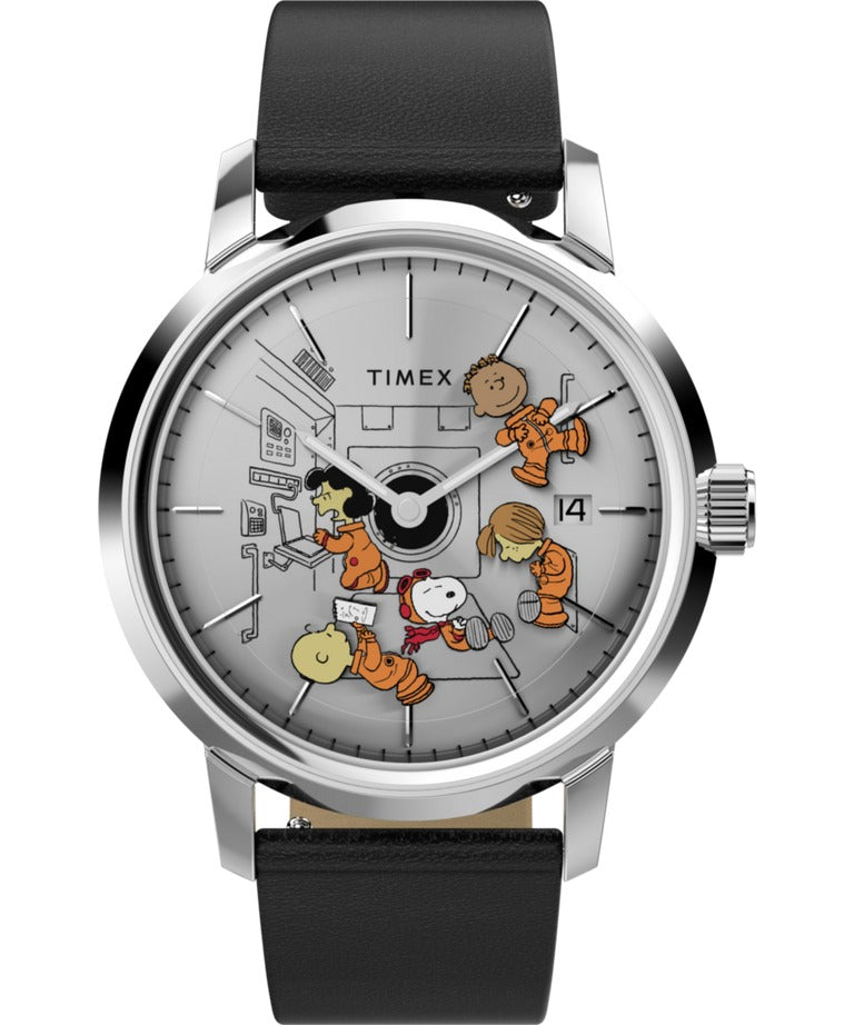 Timex Peanuts Mens Automatic Watch with Silver Dial and Black Strap TW2W87200