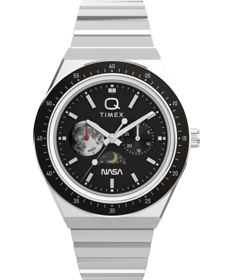 Timex Nasa Mens Watch with Black Dial and Silver Strap TW2Y56700