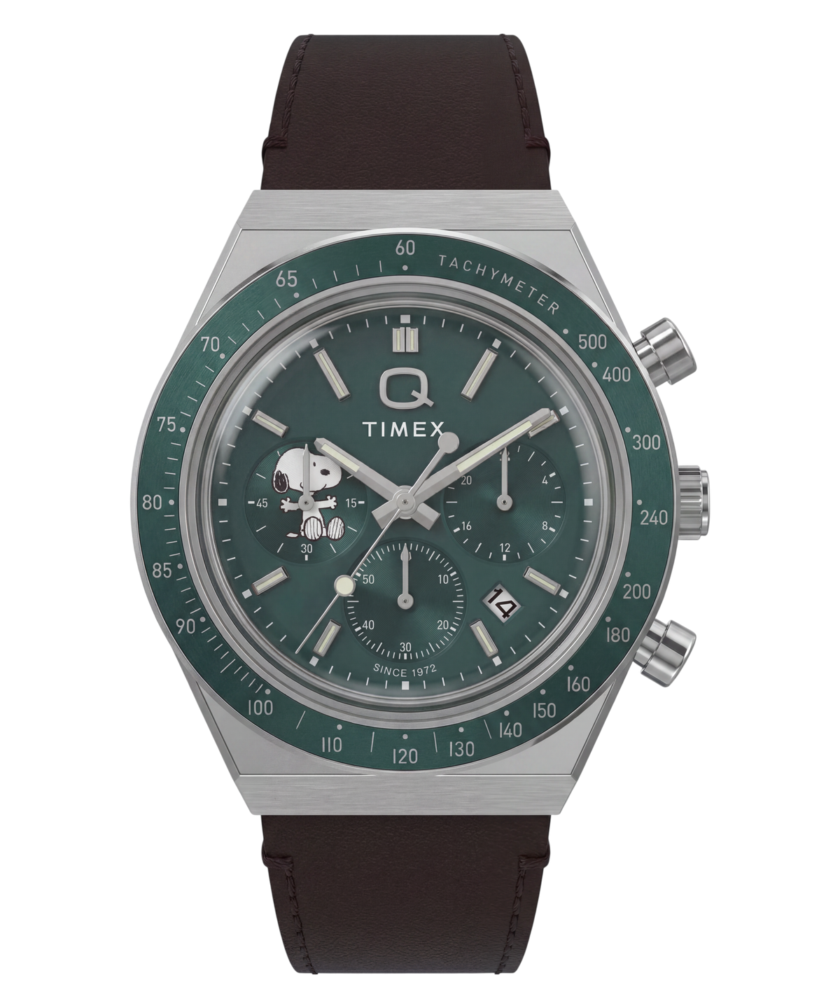 Timex Peanuts Mens Chronograph Watch with Green Dial and Brown Strap TW6A04400