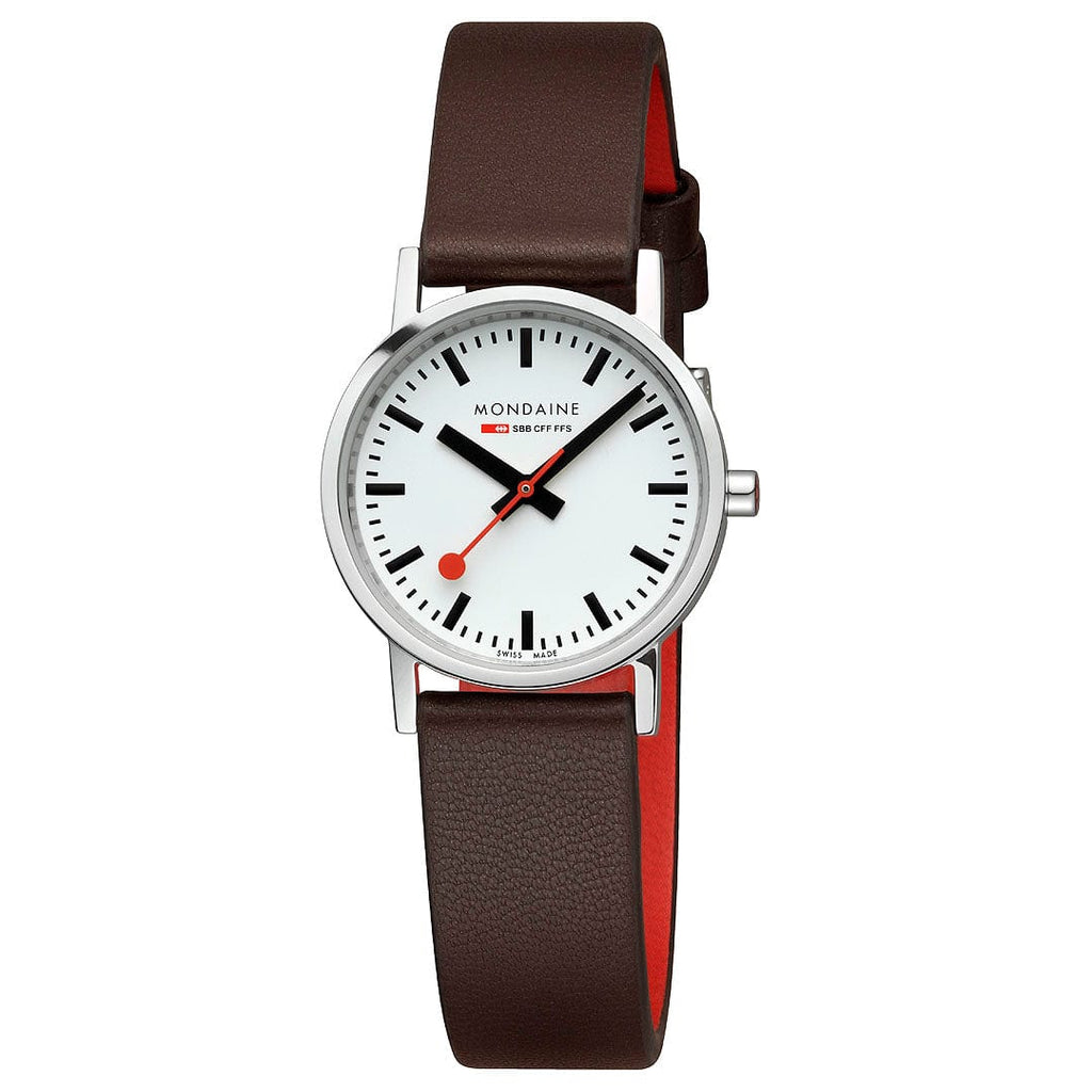 Cloc Menywod Clasurol Mondaine gydag Wyneb Gwyn a Strap Lledr Fegan Brown A658.30323.11SBGV