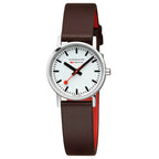 Cloc Menywod Clasurol Mondaine gydag Wyneb Gwyn a Strap Lledr Fegan Brown A658.30323.11SBGV