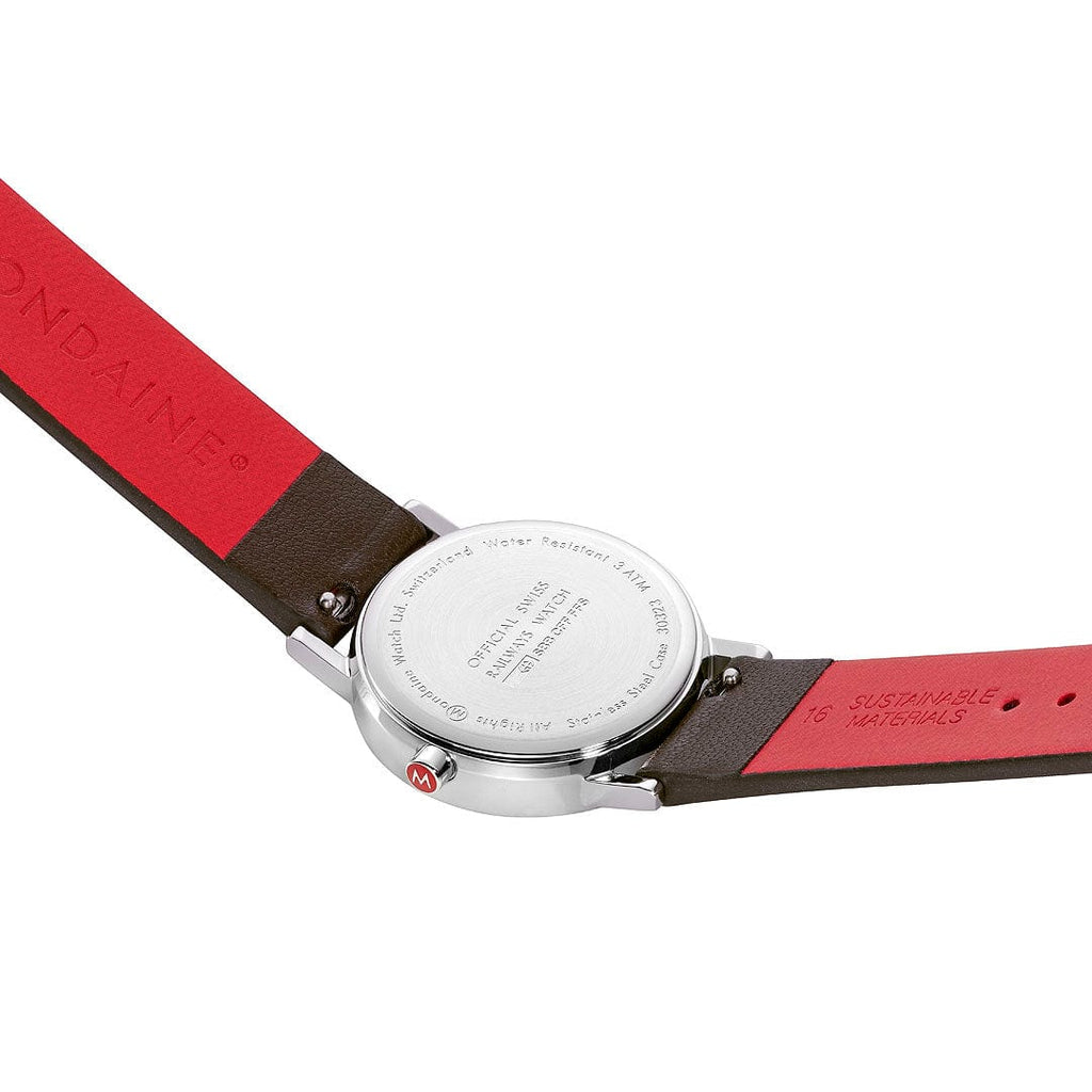 Cloc Menywod Clasurol Mondaine gydag Wyneb Gwyn a Strap Lledr Fegan Brown A658.30323.11SBGV