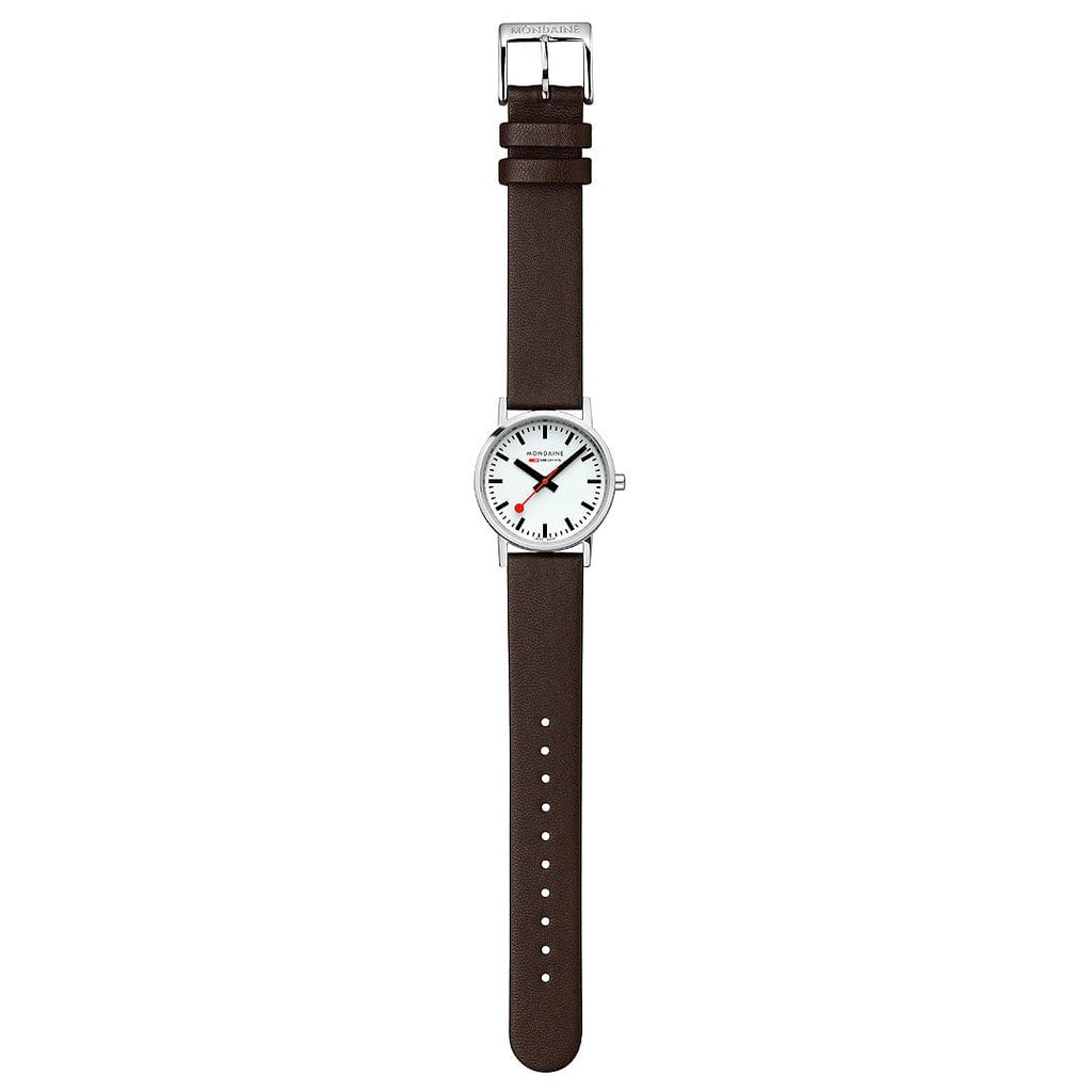 Cloc Menywod Clasurol Mondaine gydag Wyneb Gwyn a Strap Lledr Fegan Brown A658.30323.11SBGV
