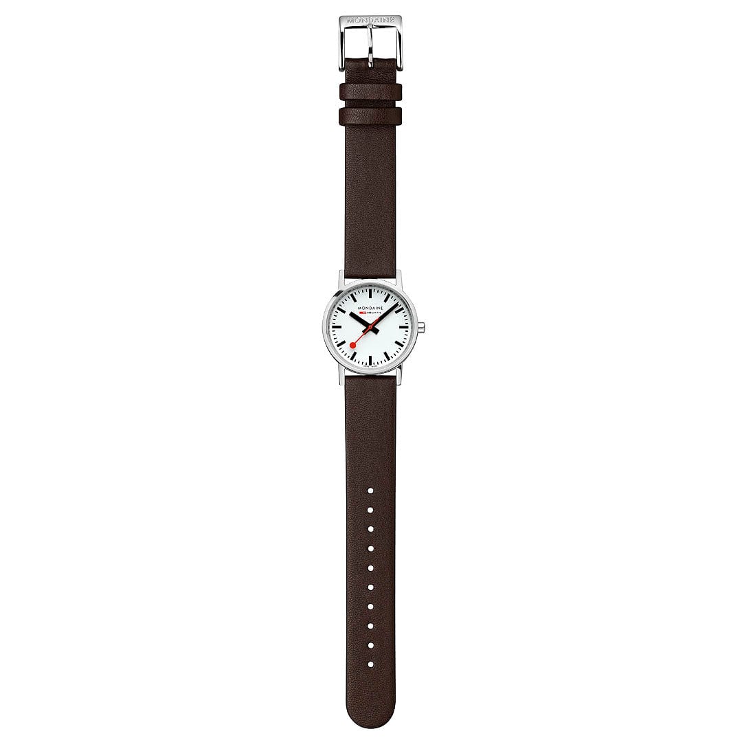 Cloc Menywod Clasurol Mondaine gydag Wyneb Gwyn a Strap Lledr Fegan Brown A658.30323.11SBGV