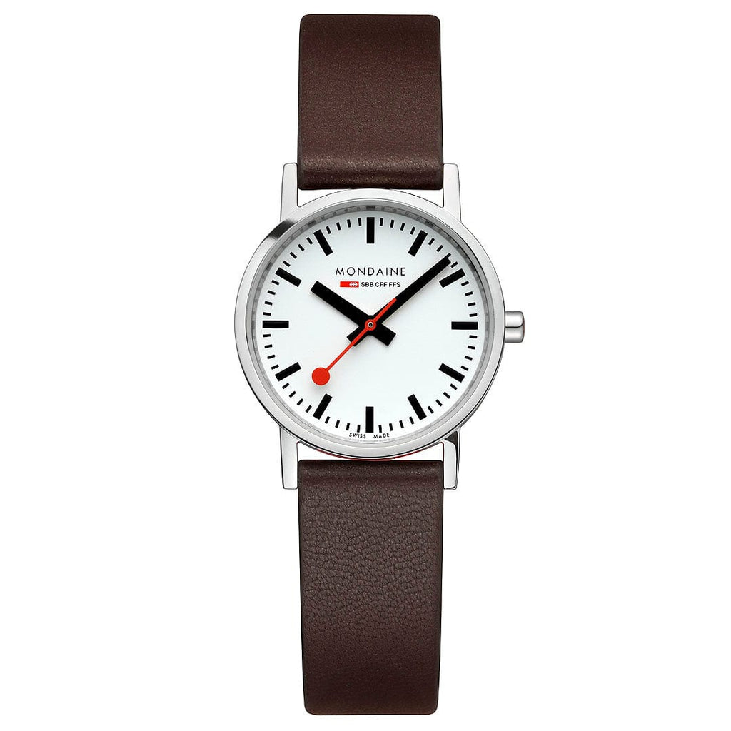 Cloc Menywod Clasurol Mondaine gydag Wyneb Gwyn a Strap Lledr Fegan Brown A658.30323.11SBGV