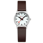 Cloc Menywod Clasurol Mondaine gydag Wyneb Gwyn a Strap Lledr Fegan Brown A658.30323.11SBGV