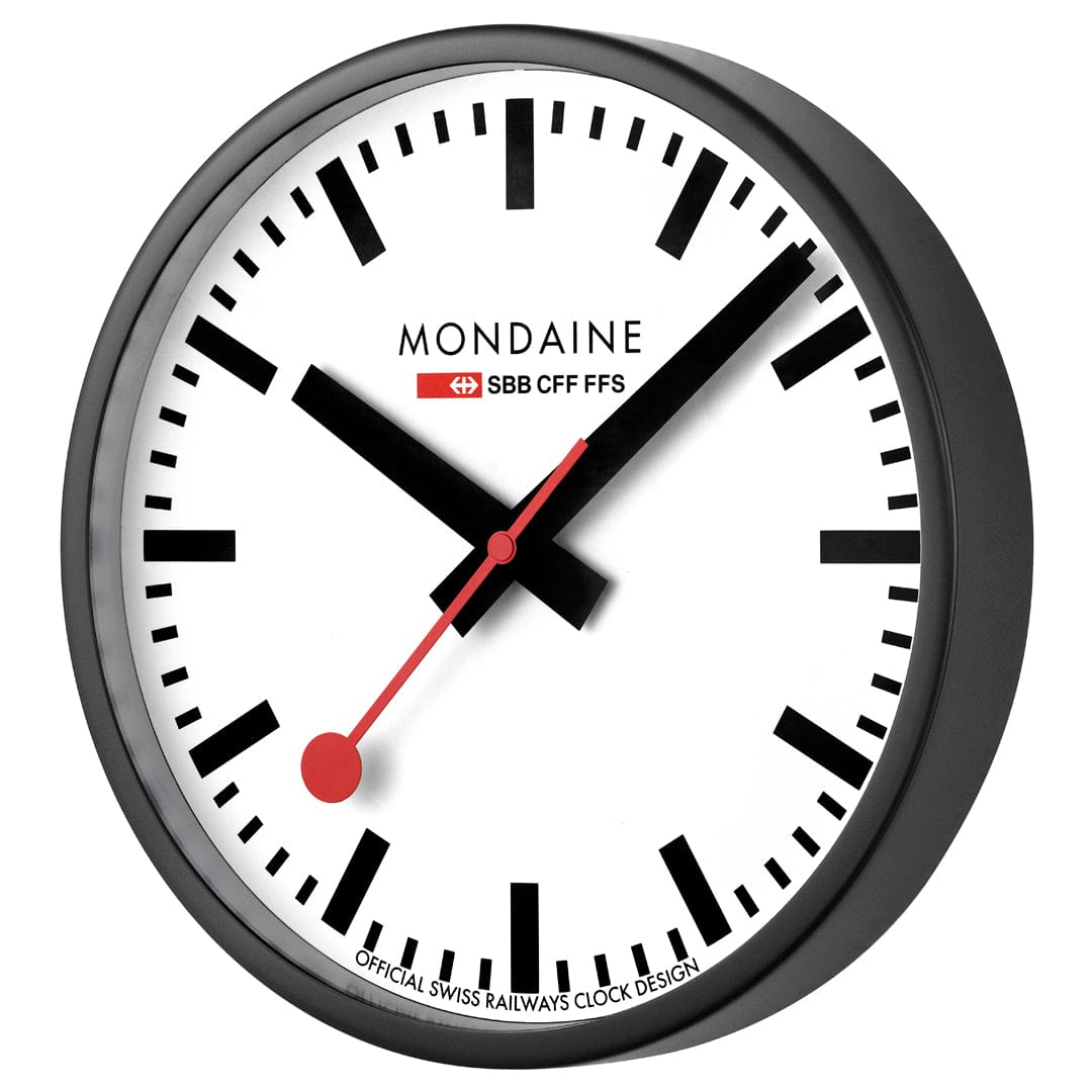Cloc Wal Mondaine gydag Wyneb Gwyn ac Achos Du A990.CLOCK.12SBB