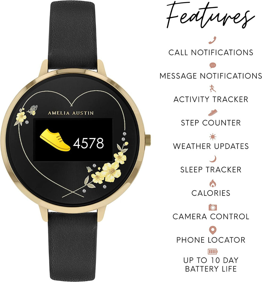 Amelia Austin Camellia Buttercup Ladies Smart Watch with Black Leather Strap AA03-2006
