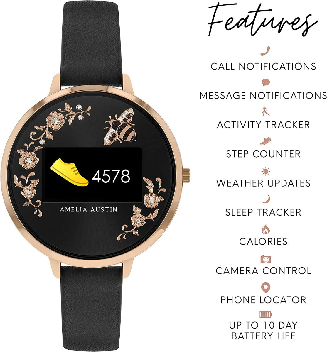 Amelia Austin Bumble Bee Ladies Smart Watch with Black Leather Strap AA03-2012
