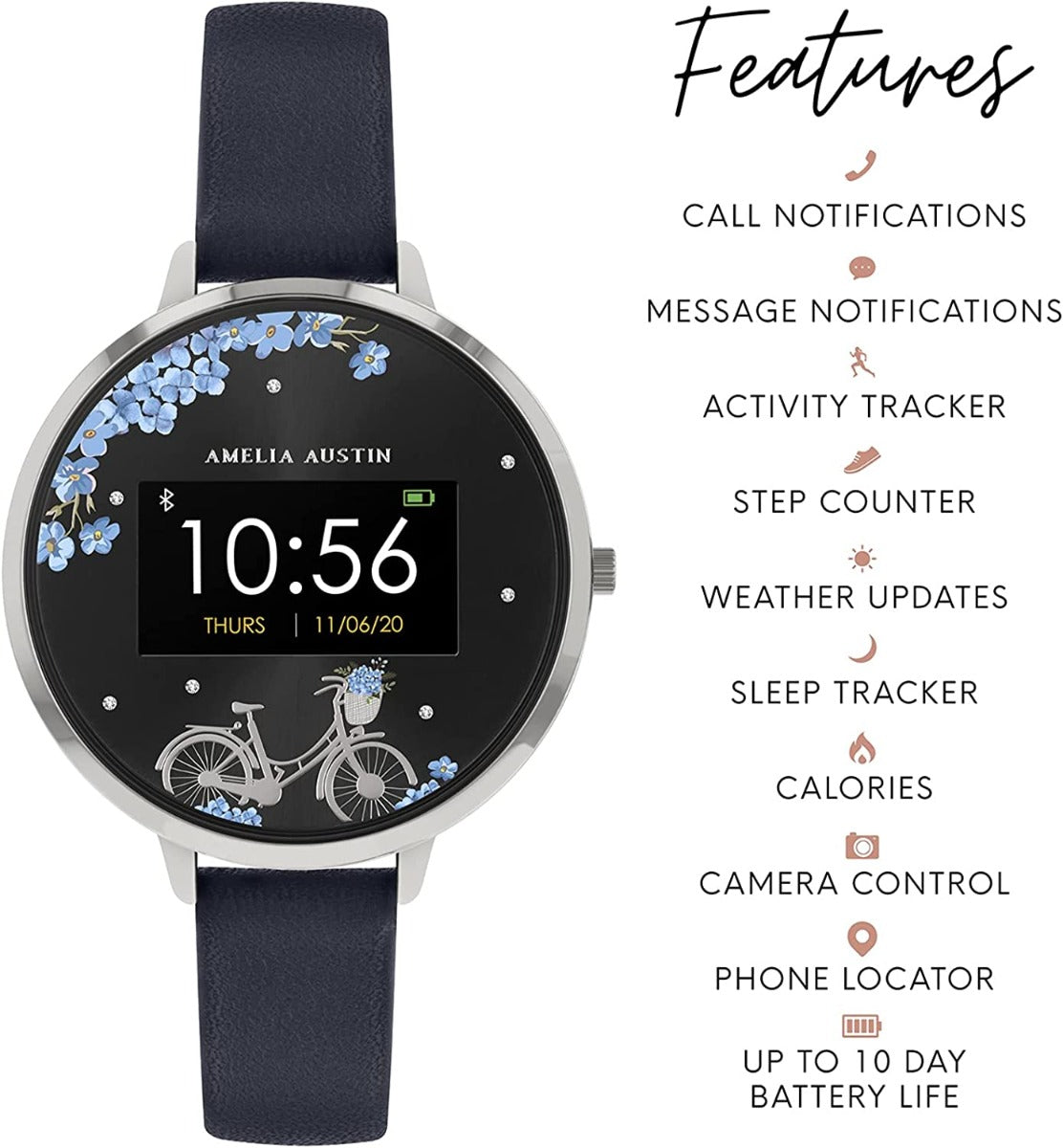 Amelia Austin Ladies Smart Watch with Navy Leather Strap AA03-2020