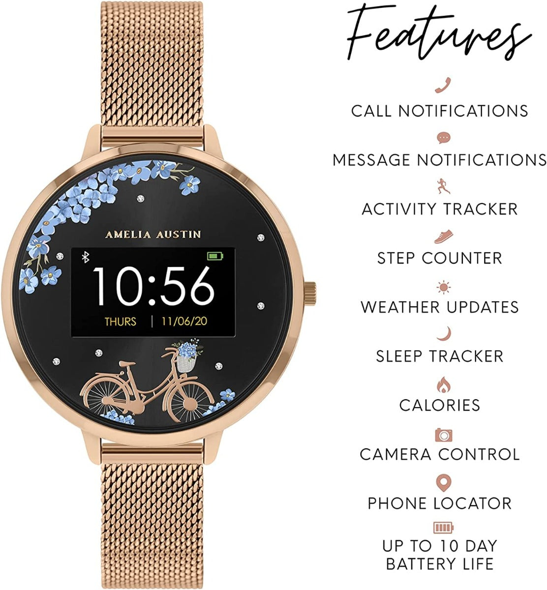 Amelia Austin Bicycle Ladies Smart Watch with Rose Gold Milanese Strap AA03-4004