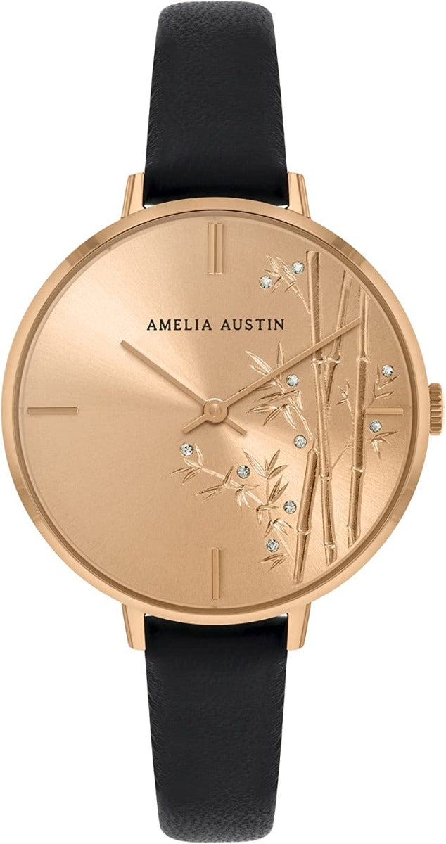 Amelia Austin Bamboo Ladies Watch with Black Leather Strap and Etched Dial AA2016
