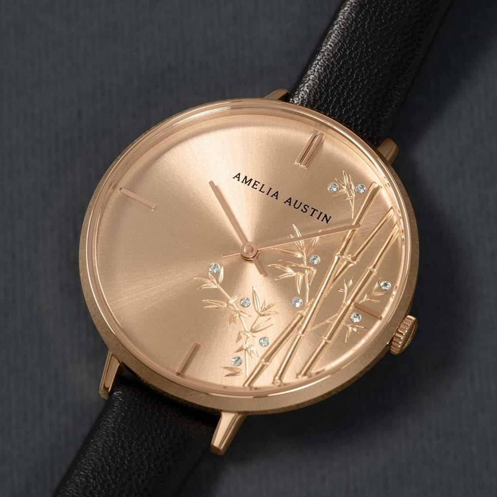 Amelia Austin Bamboo Ladies Watch with Black Leather Strap and Etched Dial AA2016