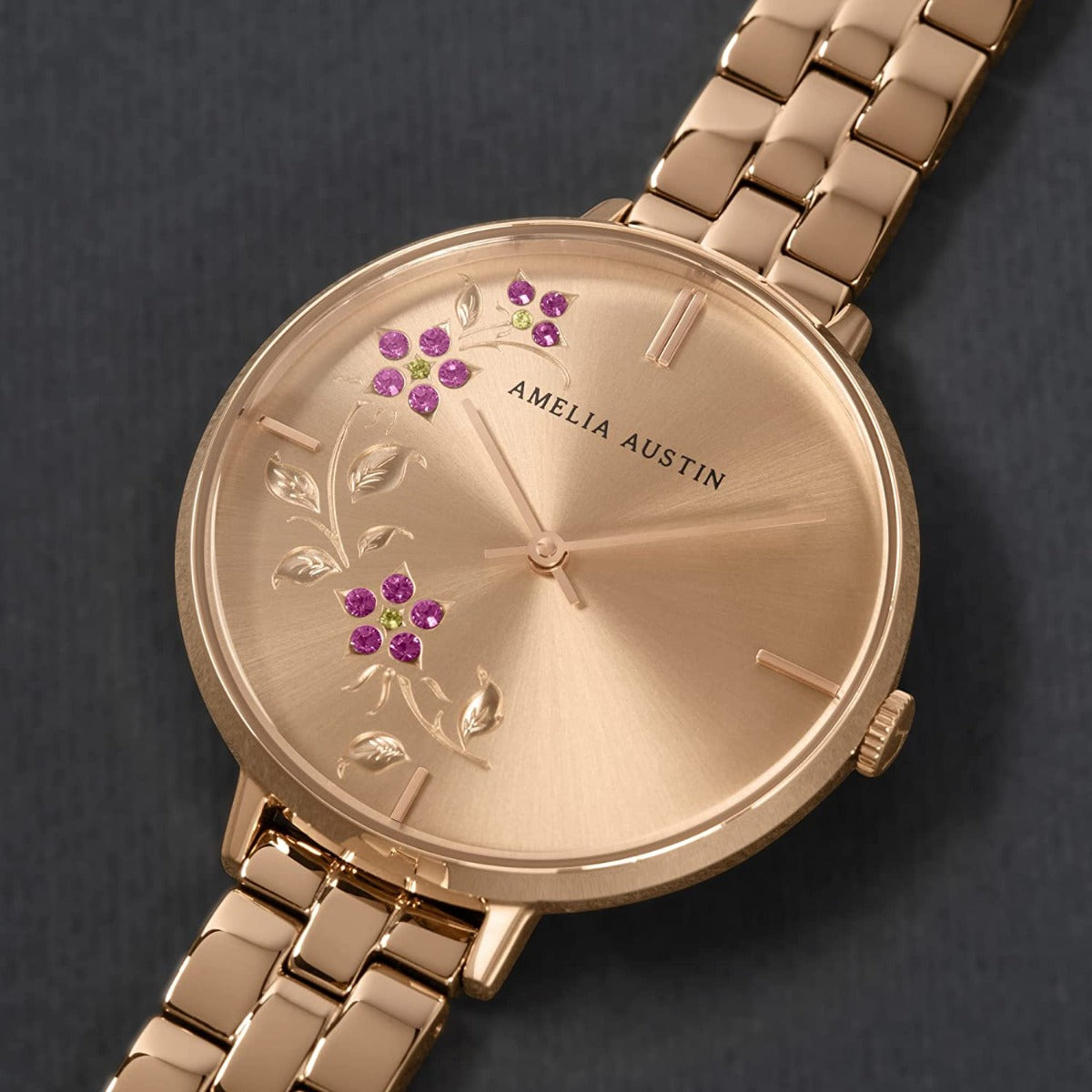 Amelia Austin Floral Ladies Watch with Rose Gold Dial and Rose Gold Bracelet AA4008