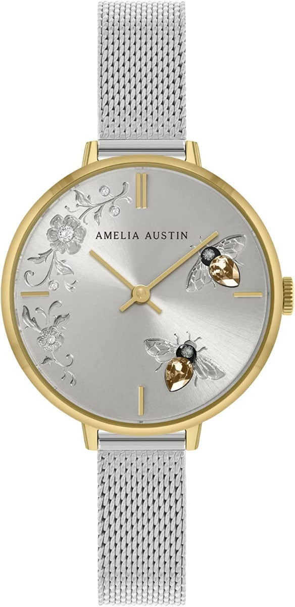 Amelia Austin Bumble Bee Ladies Watch with Silver Milanese Strap and Stone Set Etched Dial AA4009