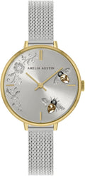 Amelia Austin Bumble Bee Ladies Watch with Silver Milanese Strap and Stone Set Etched Dial AA4009