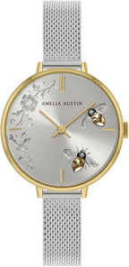 Amelia Austin Bumble Bee Ladies Watch with Silver Milanese Strap and Stone Set Etched Dial AA4009