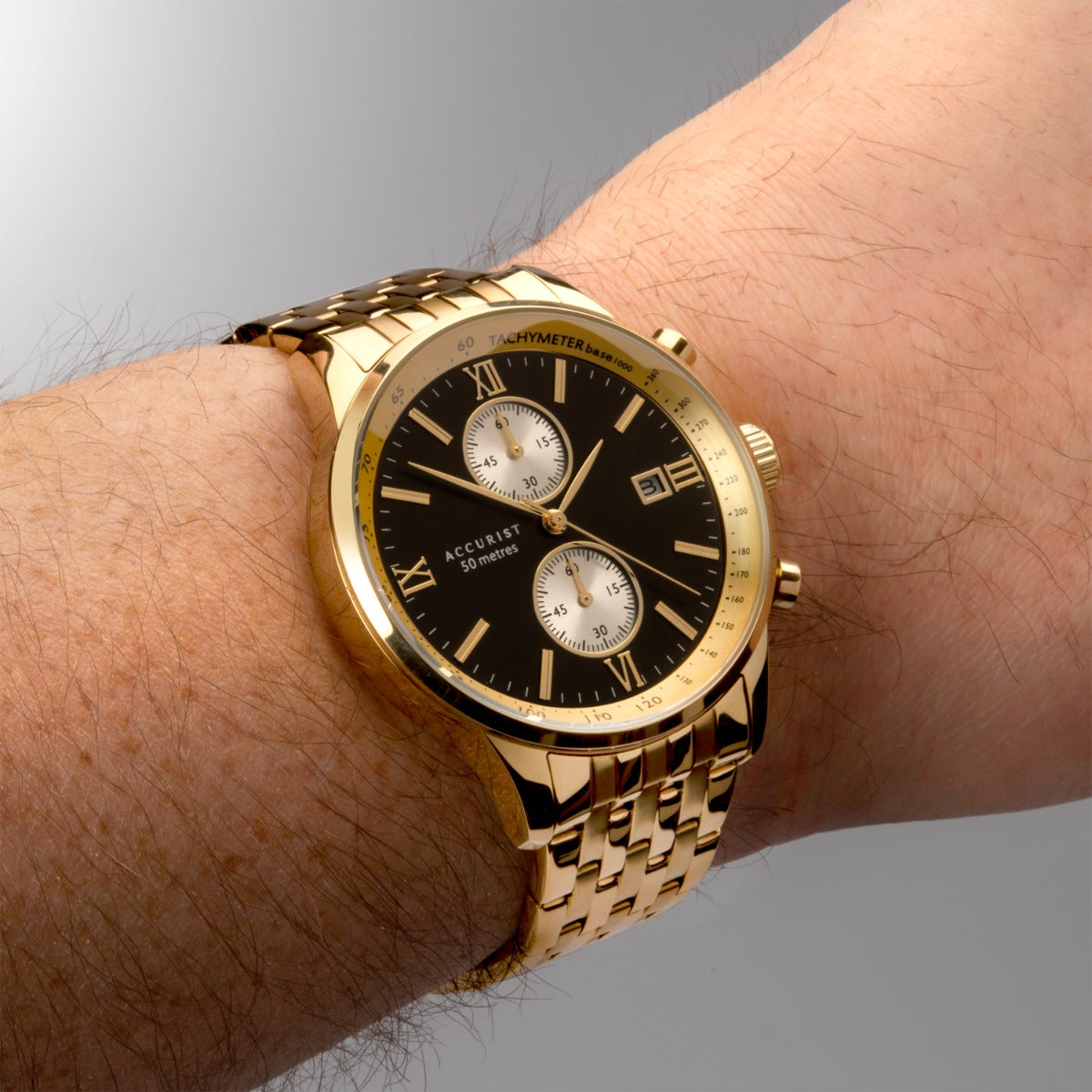 Accurist Mens Chronograph Watch with Black Dial and Gold Bracelet 7403