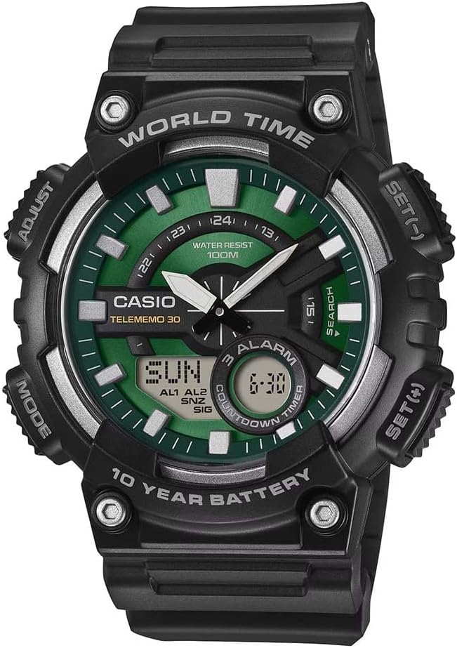 Casio Collection Gwylio Analog-Ddigidol i Ddynion gyda Deial Gwyrdd a Strap Ddu AEQ-110W-3A2VEF