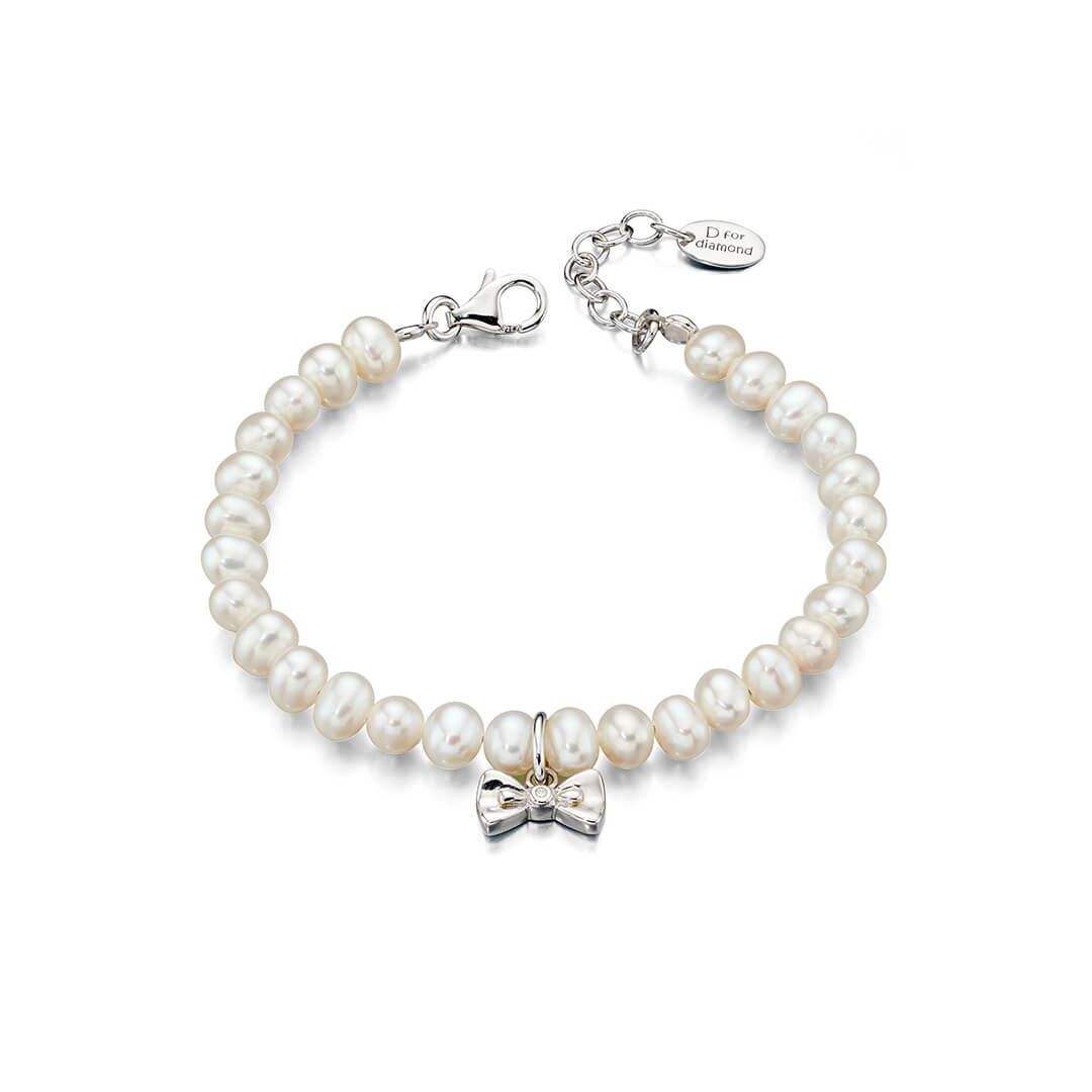 D for Diamond Shell Pearl and Bow Charm Bracelet with Real Diamond B4890