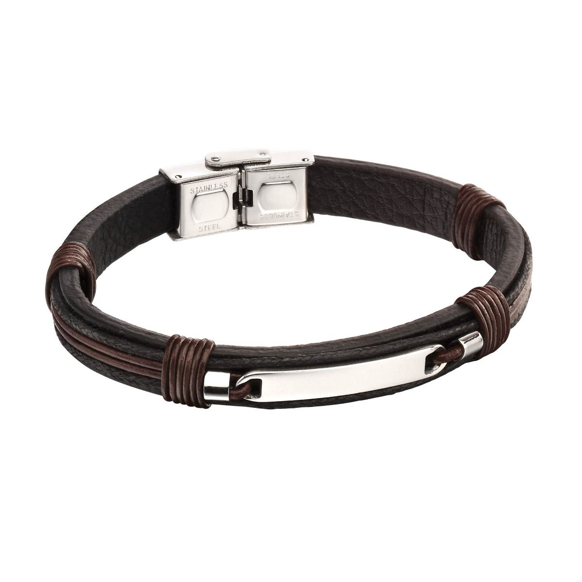 Fred Bennett ID Bar Black Leather Bracelet with Brown Cord Detail B5124