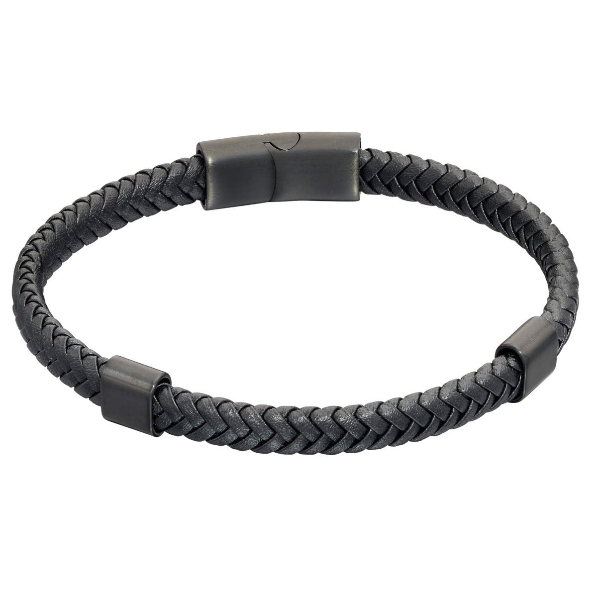 Fred Bennett Plaited Black Leather and Black IP Sections Bracelet B5322