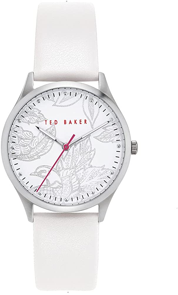 Olwyn Ted Baker Belgravia i Fenywod gyda Deial Gwyn a Strap Lledr Gwyn BKPBGS003