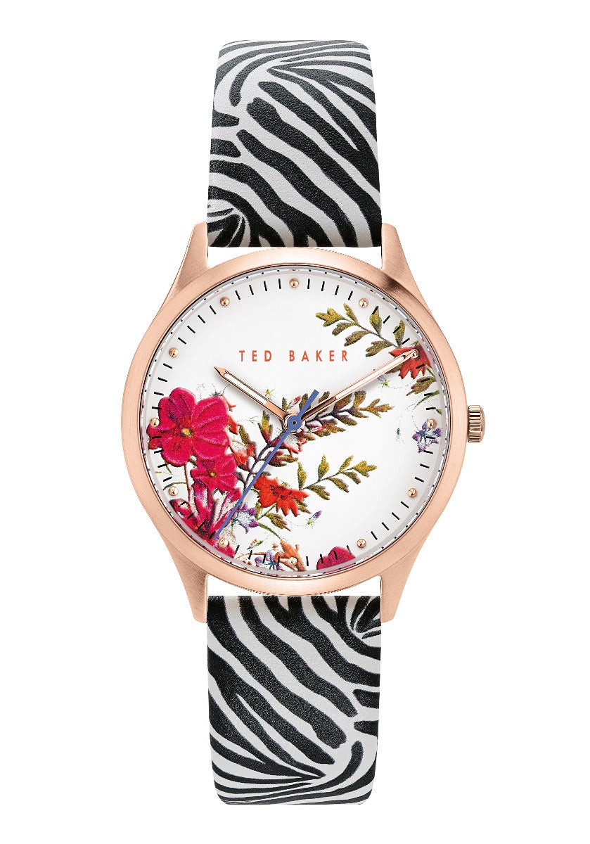 Clocws Menywod Ted Baker Belgravia gyda Deial Gwyn a Strap Lledr Du a Gwyn BKPBGS011