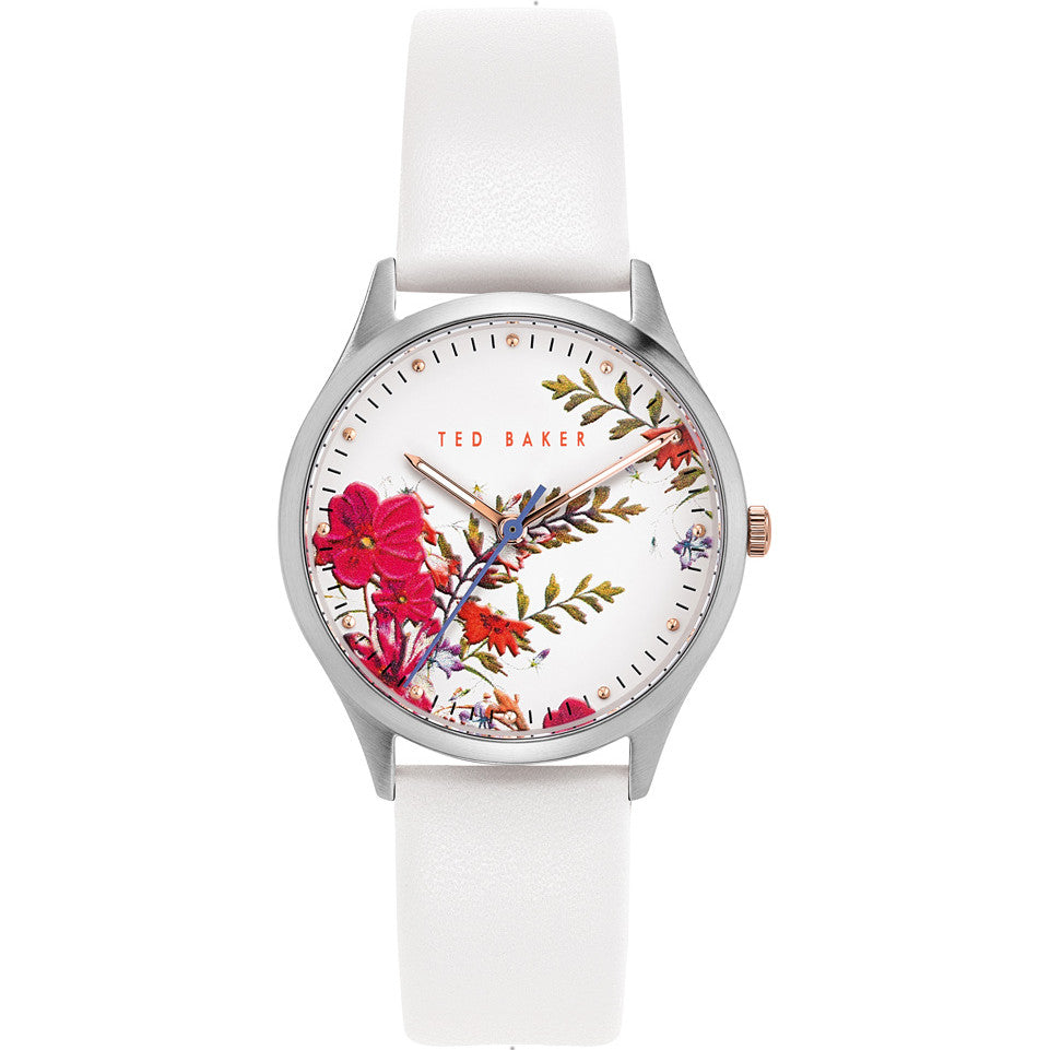 Awr i Fenywod Ted Baker gyda Deial Gwyn a Strap Lledr Gwyn BKPBGS012