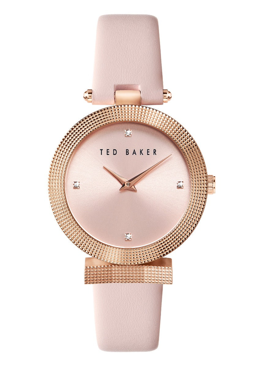 Gwylio Merched Ted Baker gyda Deial Pinc a Strap Lledr Pinc BKPBWF003