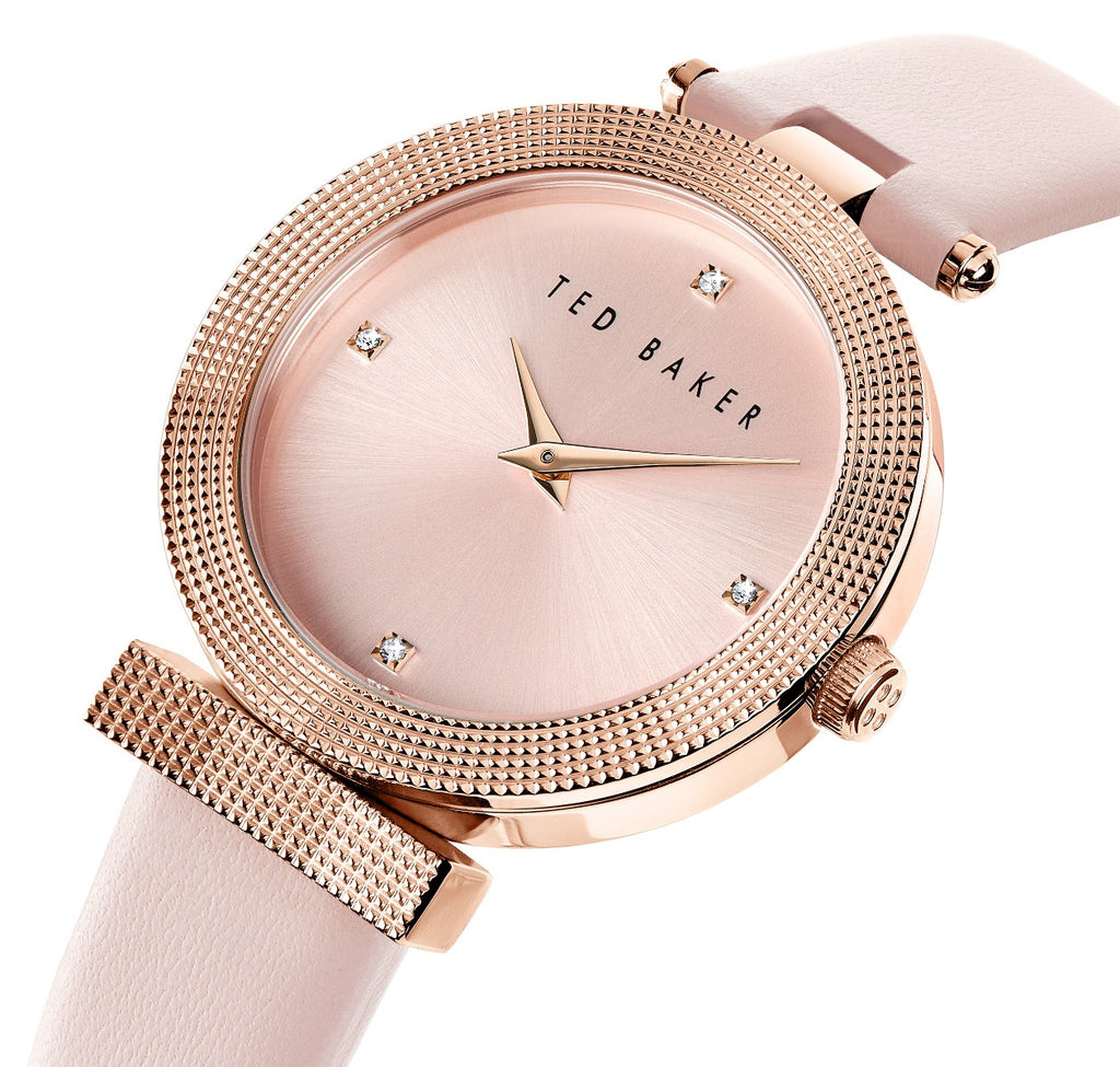 Gwylio Merched Ted Baker gyda Deial Pinc a Strap Lledr Pinc BKPBWF003