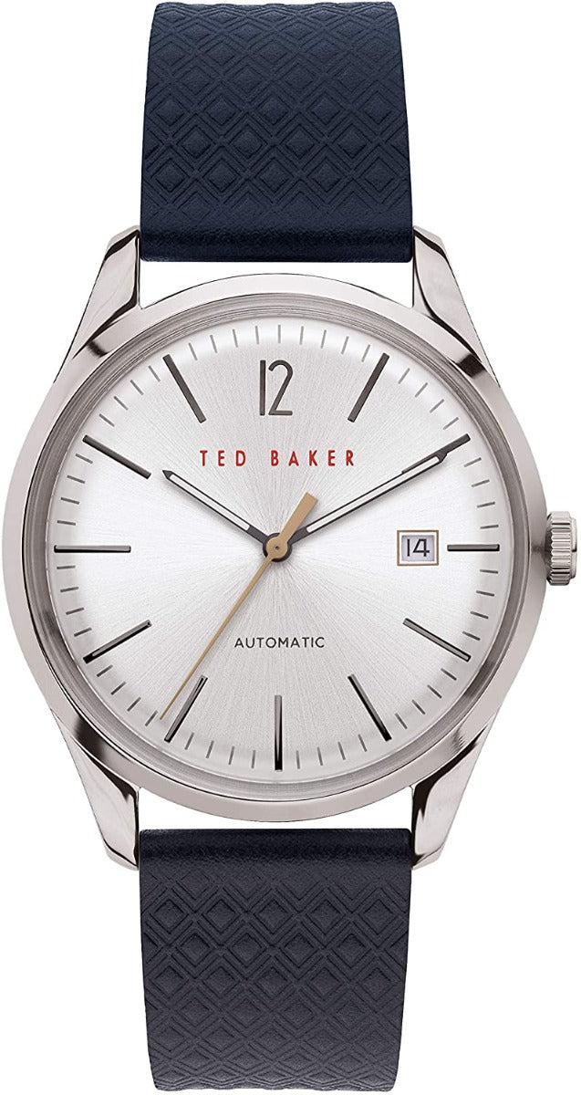 Cloc Awtomatig i Ddynion Ted Baker gydag Wyneb Arian a Strap Glas BKPDQF903
