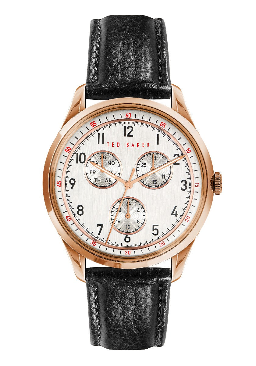 Gwyliad Dynion Ted Baker gyda Strap Lledr Du a Deial Arian BKPDQS105