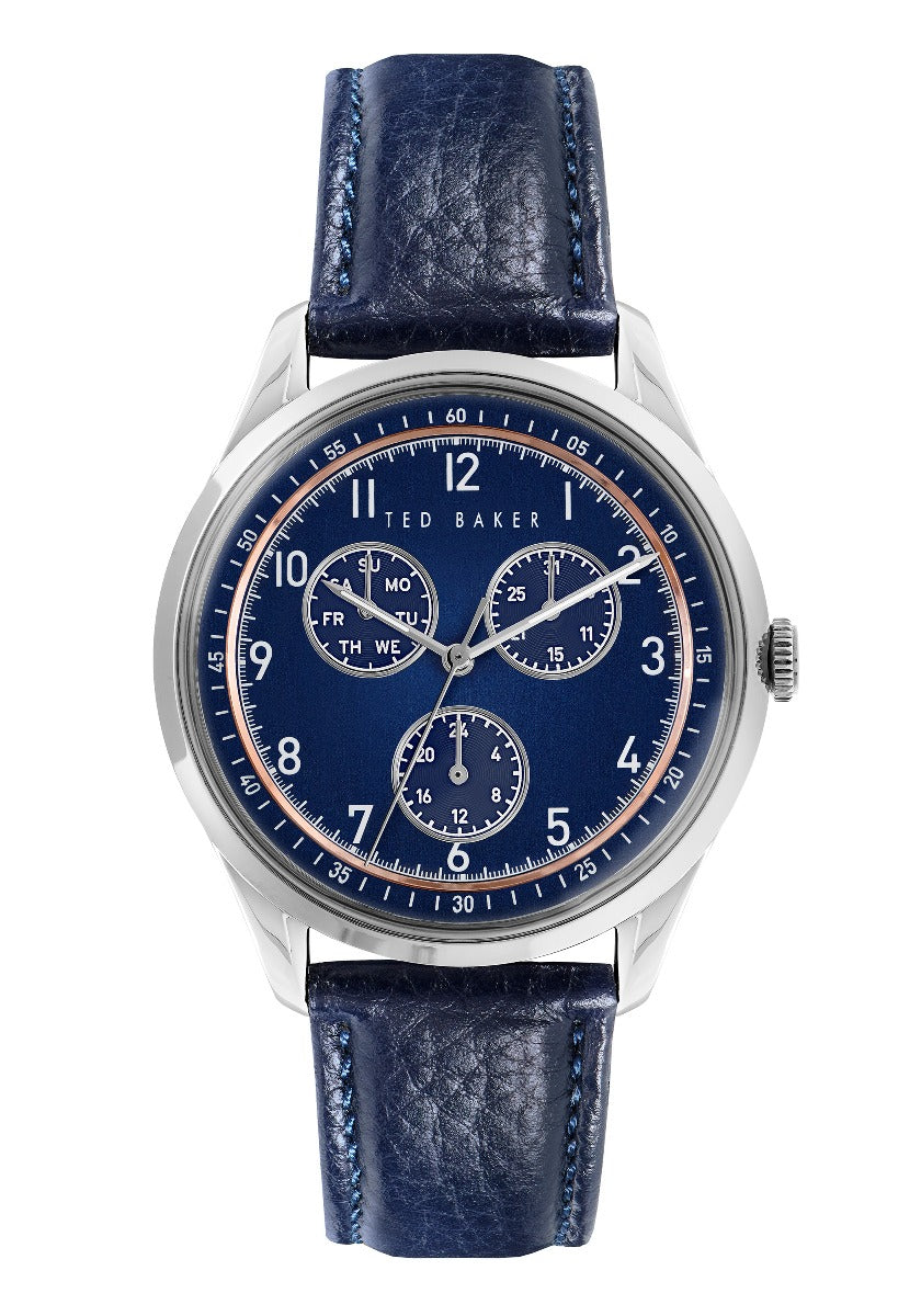 Gwylio Dynion Ted Baker gyda Deial Glas a Strap Lledr Glas BKPDQS107