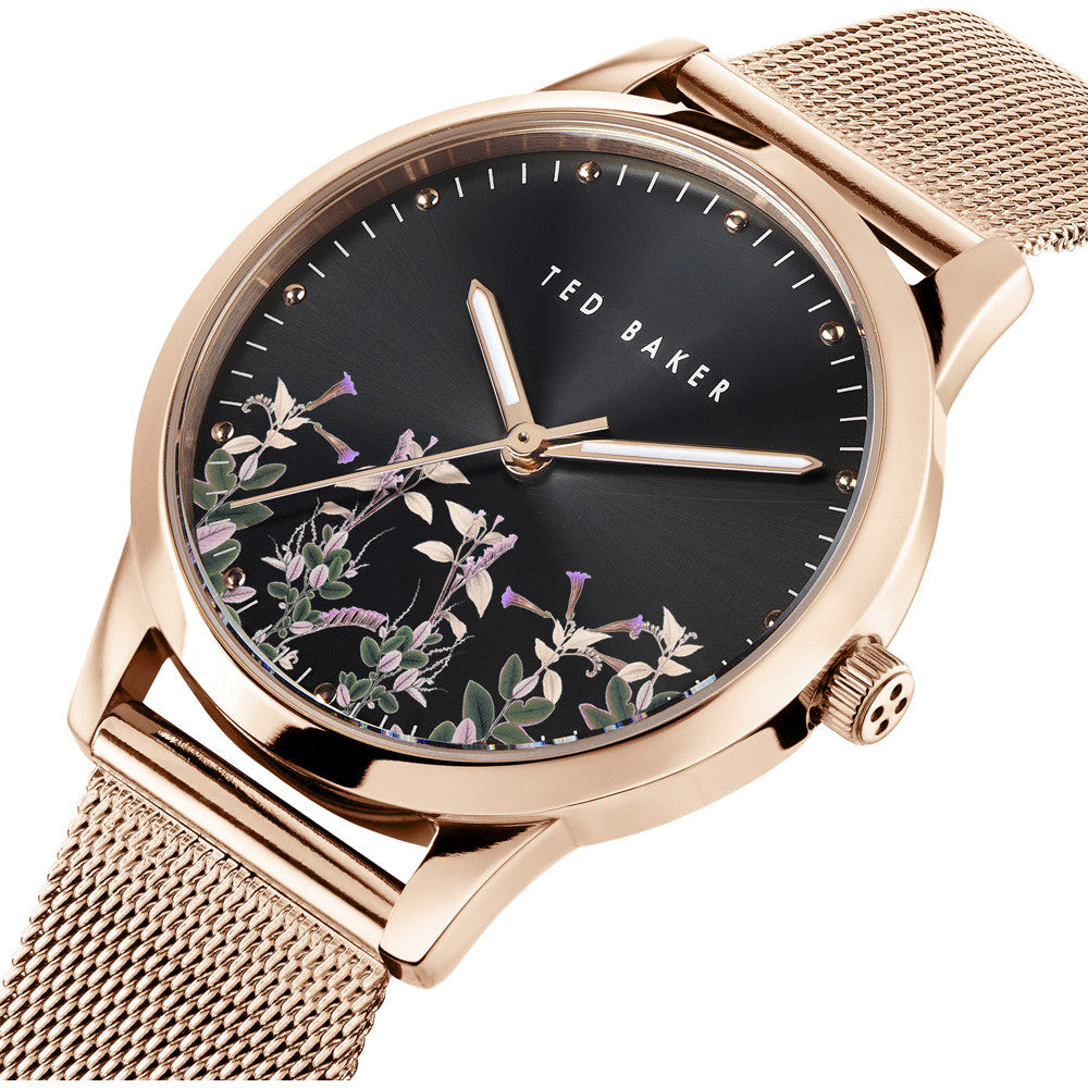 Ted Baker Ladies Watch with Black Dial and Rose Gold Milanese Strap BKPFZF007