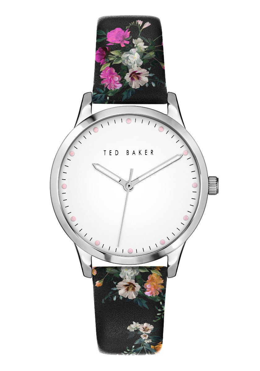 Cloc Menywod Ted Baker gyda Deial Gwyn a Strap Lledr Du BKPFZS115