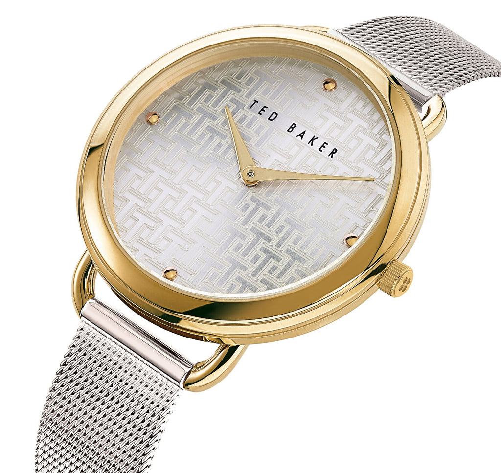 Ted Baker Cloc Menywod gydag Wyneb Arian a Strap Milanese Arian BKPHTF902