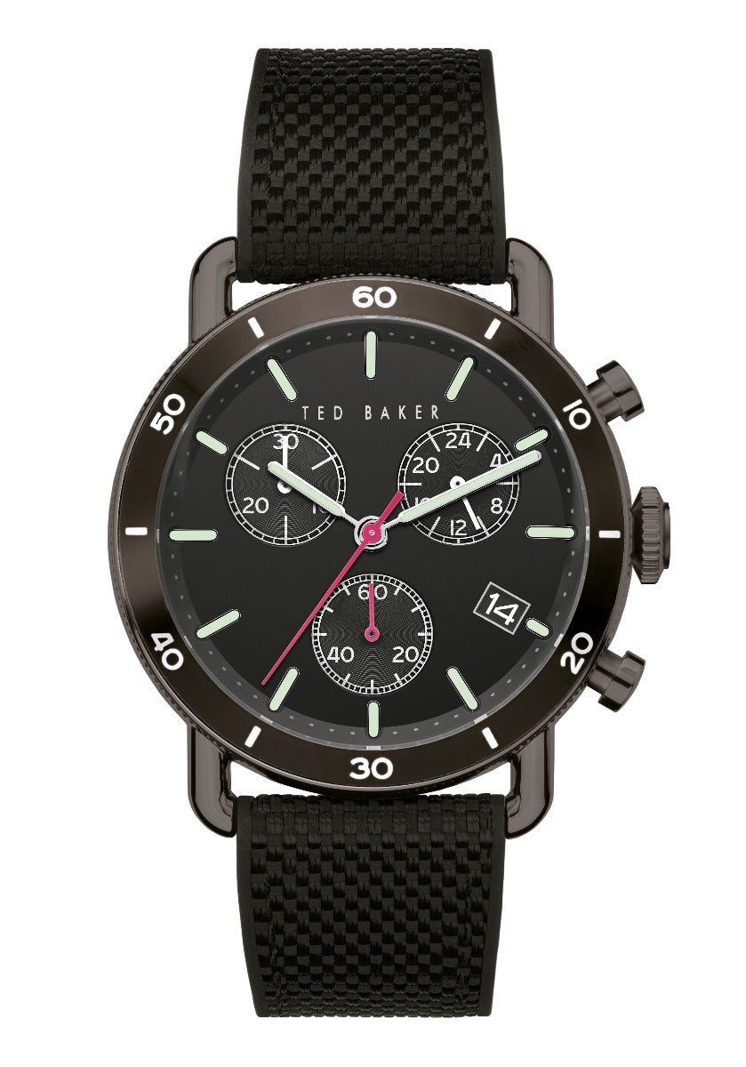 Clocsen Cronograff i Ddynion Ted Baker gyda Strap Lledr Du BKPMGF903