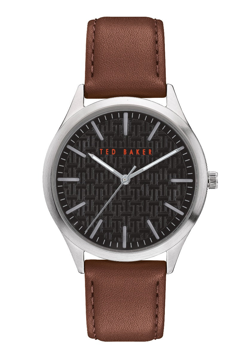 Gwylio Dynion Ted Baker gyda Strap Lledr Brown a Deial Du BKPMHF902