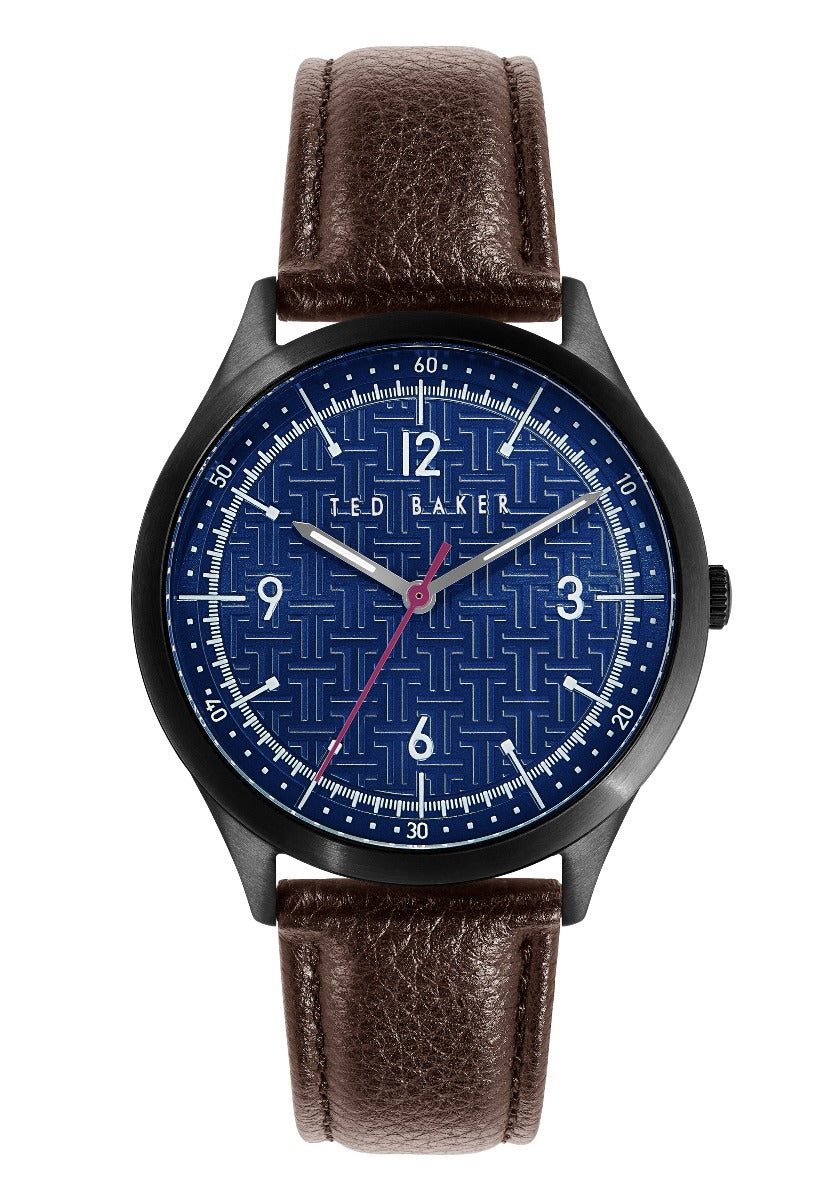 Cloc Llaw Dynion Ted Baker gyda Deial Glas a Strap Lledr Brown BKPMHS114