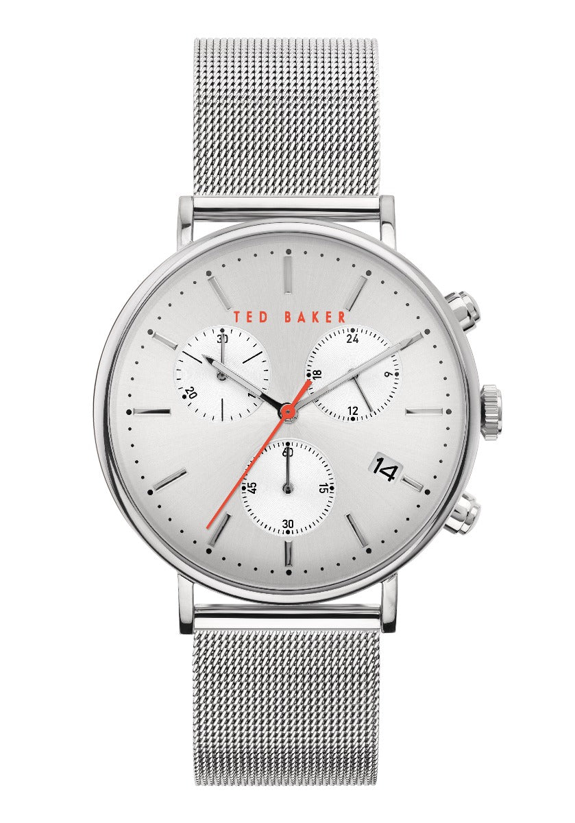 Clocsen Chronograff i Ddynion Ted Baker gyda Deial Arian a Strap Milanese Arian BKPMMF901