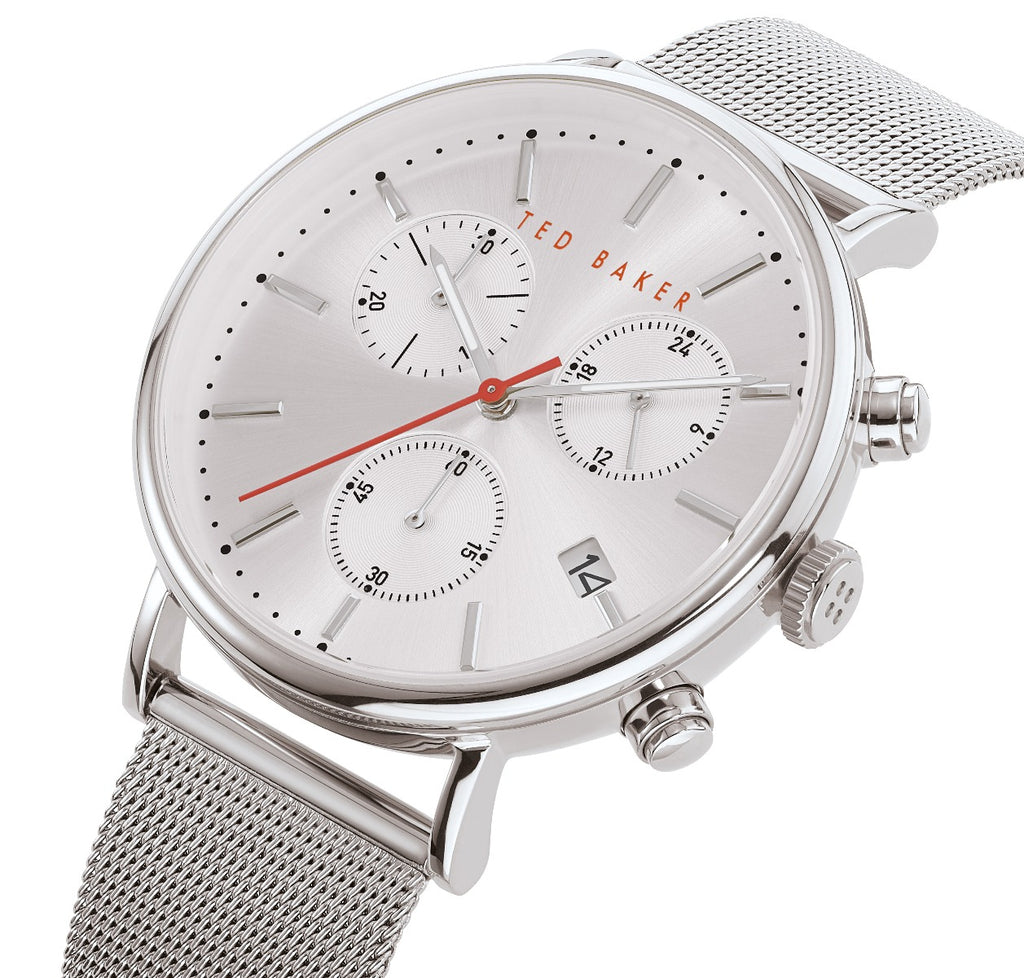 Clocsen Chronograff i Ddynion Ted Baker gyda Deial Arian a Strap Milanese Arian BKPMMF901