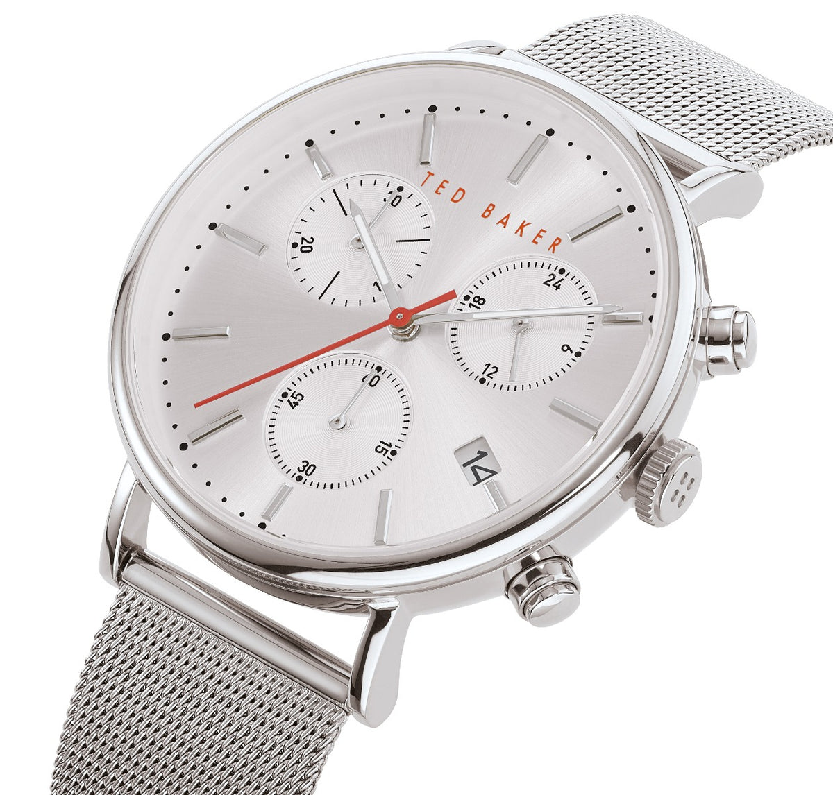Clocsen Chronograff i Ddynion Ted Baker gyda Deial Arian a Strap Milanese Arian BKPMMF901