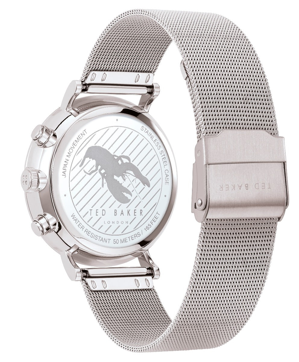 Clocsen Chronograff i Ddynion Ted Baker gyda Deial Arian a Strap Milanese Arian BKPMMF901